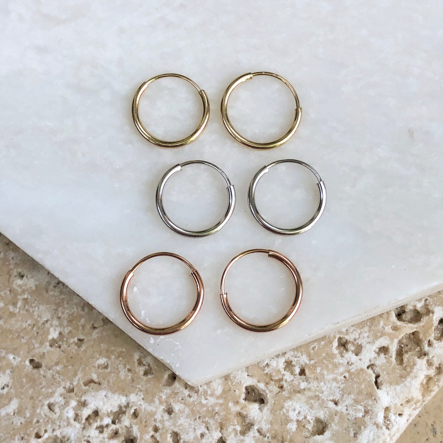 14KT Yellow Gold, Rose Gold + White Gold Mini Hoop Earrings 3 Pair, 14KT Yellow Gold, Rose Gold + White Gold Mini Hoop Earrings 3 Pair - Legacy Saint Jewelry