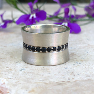 Sterling Silver Black Onyx Concave Cigar Band Matte Ring Size 8, Sterling Silver Black Onyx Concave Cigar Band Matte Ring Size 8 - Legacy Saint Jewelry