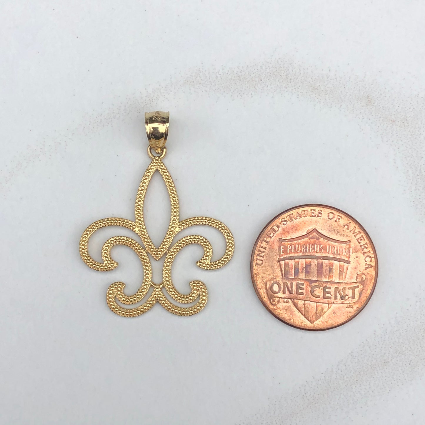 14KT Yellow Gold Textured Cut-Out Fleur de Lis Pendant Charm, 14KT Yellow Gold Textured Cut-Out Fleur de Lis Pendant Charm - Legacy Saint Jewelry