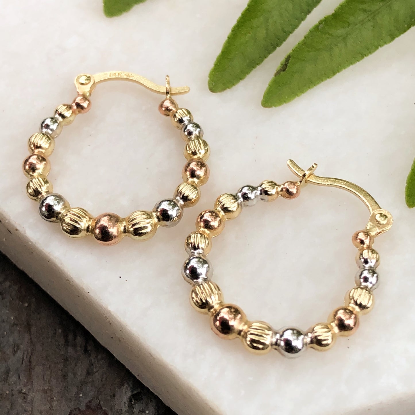 14KT Yellow Gold, Rose + White Rhodium Beaded Hoop Earrings, 14KT Yellow Gold, Rose + White Rhodium Beaded Hoop Earrings - Legacy Saint Jewelry