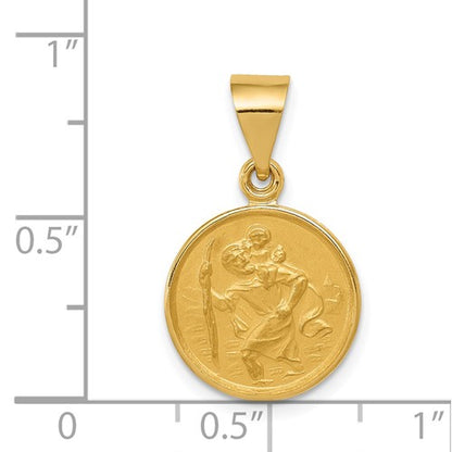 18KT Yellow Gold Satin Round Saint Christopher Medal Pendant Charm 14mm