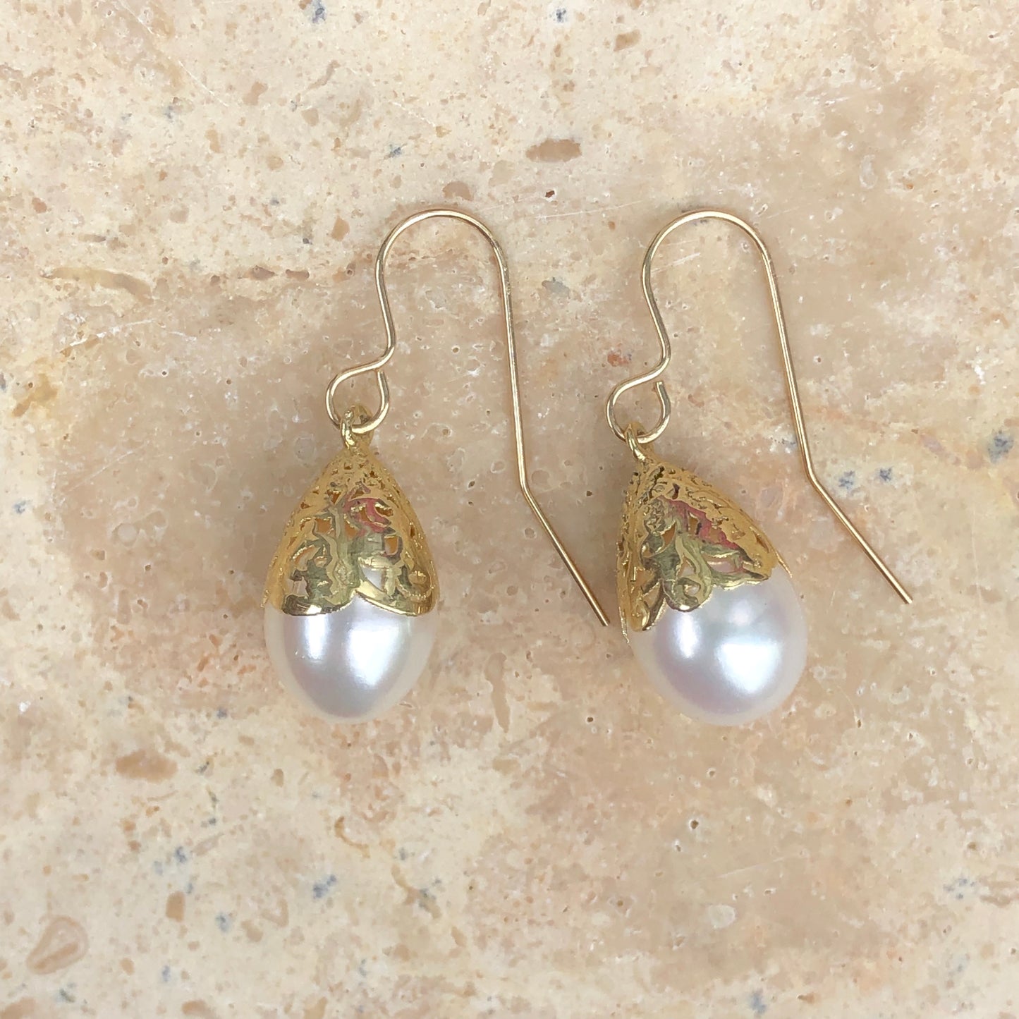 14KT Yellow Gold Filigree Lace + Freshwater Pearl Earrings, 14KT Yellow Gold Filigree Lace + Freshwater Pearl Earrings - Legacy Saint Jewelry