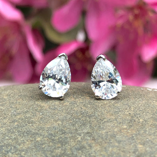 14KT White Gold Pear Shape CZ Stud Post Earrings, 14KT White Gold Pear Shape CZ Stud Post Earrings - Legacy Saint Jewelry