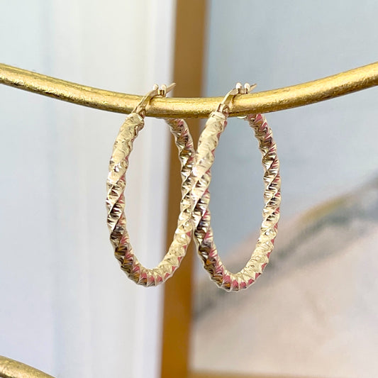 14KT Yellow Gold Twisted 3mm Tube Hoop Earrings 30mm