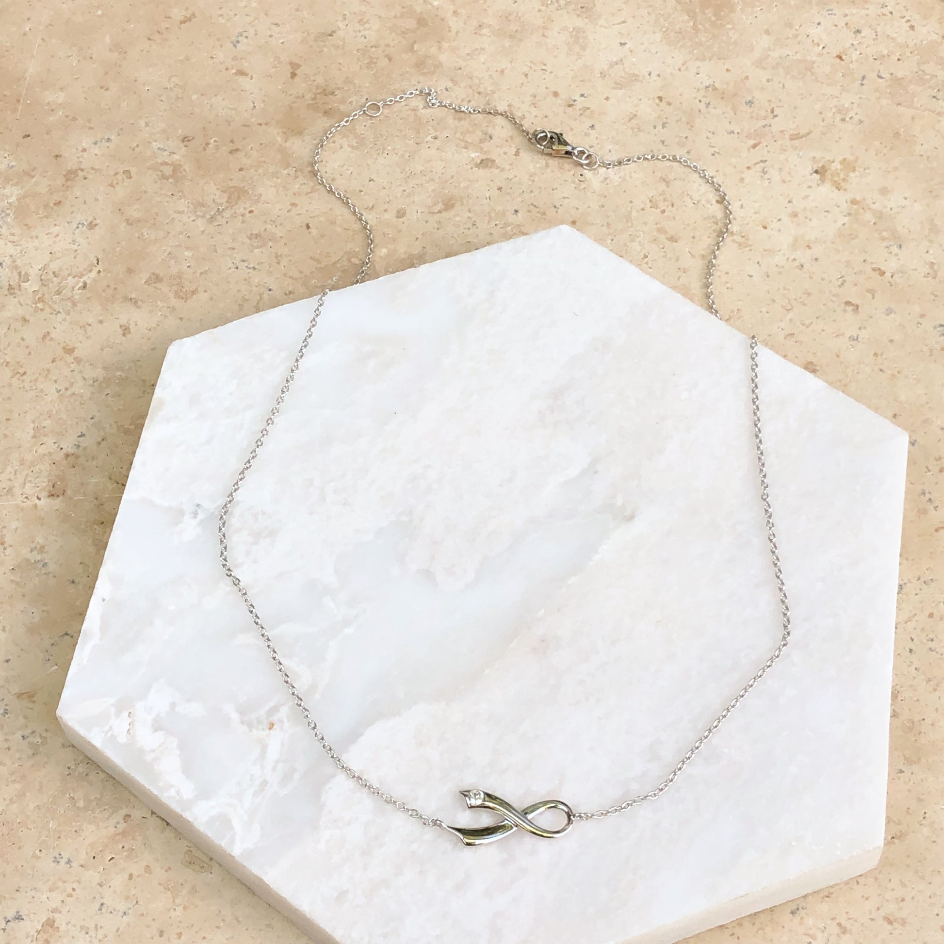 Sterling Silver CZ Horizontal Breast Cancer Awareness Ribbon Necklace, Sterling Silver CZ Horizontal Breast Cancer Awareness Ribbon Necklace - Legacy Saint Jewelry