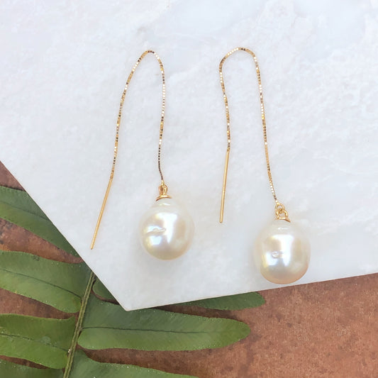 14KT Yellow Gold Paspaley Pearl Threader Box Chain Earrings, 14KT Yellow Gold Paspaley Pearl Threader Box Chain Earrings - Legacy Saint Jewelry