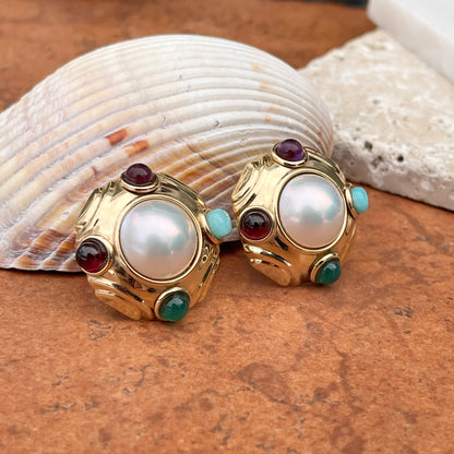 Estate 14KT Yellow Gold White Mabe Pearl + Cabochon Gemstone Omega Back Clip On Earrings