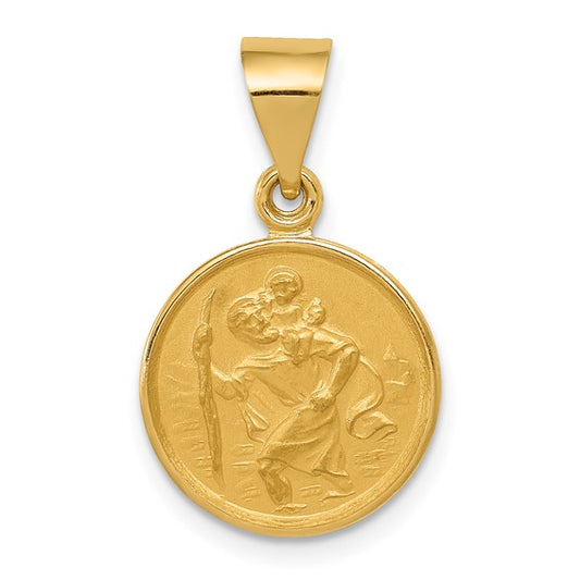 18KT Yellow Gold Satin Round Saint Christopher Medal Pendant Charm 14mm