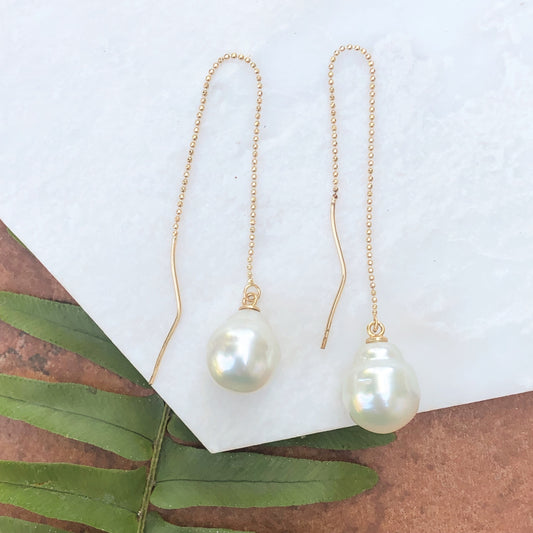 14KT Yellow Gold Paspaley Pearl Threader Ball Chain Earrings, 14KT Yellow Gold Paspaley Pearl Threader Ball Chain Earrings - Legacy Saint Jewelry