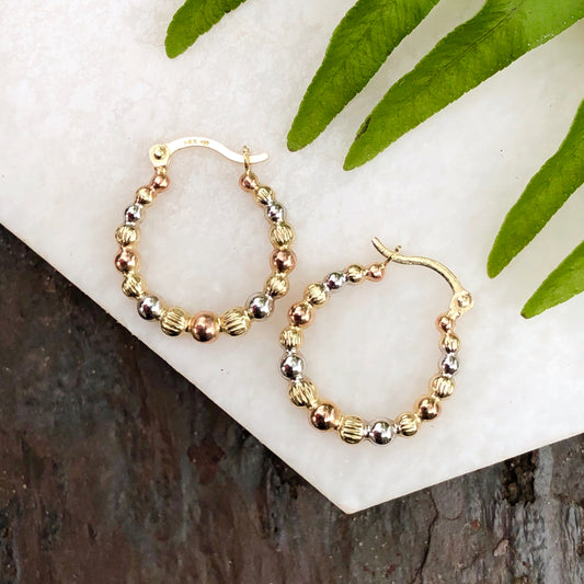 14KT Yellow Gold, Rose + White Rhodium Beaded Hoop Earrings, 14KT Yellow Gold, Rose + White Rhodium Beaded Hoop Earrings - Legacy Saint Jewelry