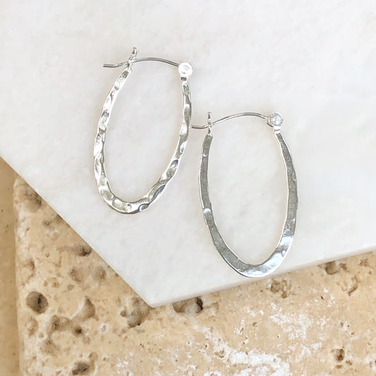 Sterling Silver Hammered Oval Hoop Earrings 11mm, Sterling Silver Hammered Oval Hoop Earrings 11mm - Legacy Saint Jewelry