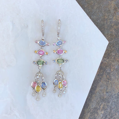 18KT White Gold Pave Diamond Pastel Colored Sapphires Chandelier Estate Earrings - Legacy Saint Jewelry