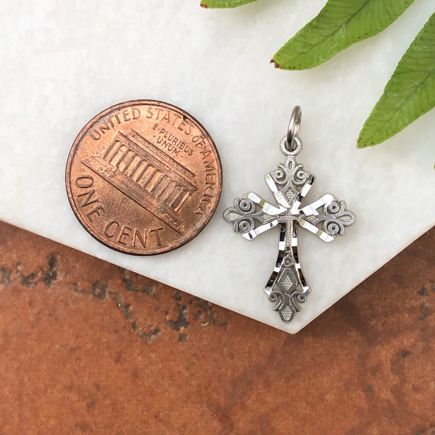 10KT White Gold Diamond-Cut Detailed Cross Charm Pendant, 10KT White Gold Diamond-Cut Detailed Cross Charm Pendant - Legacy Saint Jewelry