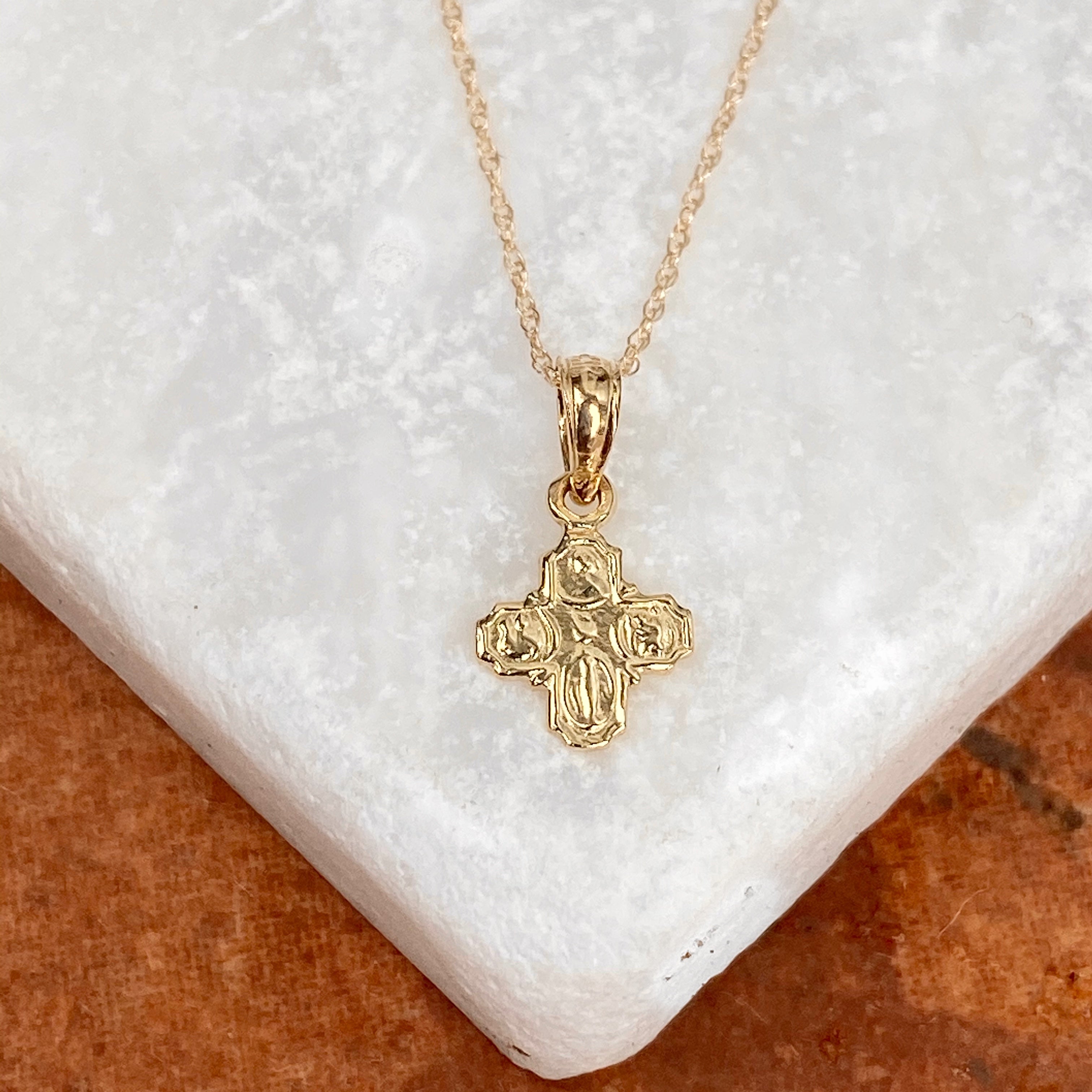 14kt Yellow Gold Mini Four Way Engraved Catholic Cross Necklace 16