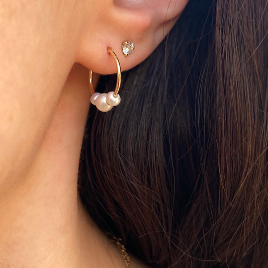 14KT Yellow Gold Triple Freshwater Pearl Charm Hoop Earrings 15mm, 14KT Yellow Gold Triple Freshwater Pearl Charm Hoop Earrings 15mm - Legacy Saint Jewelry