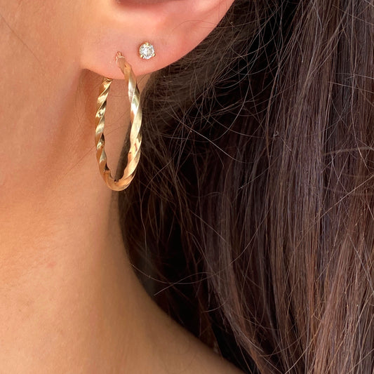 10KT Yellow Gold Polished + Satin Twisted Hoop Earrings 30mm