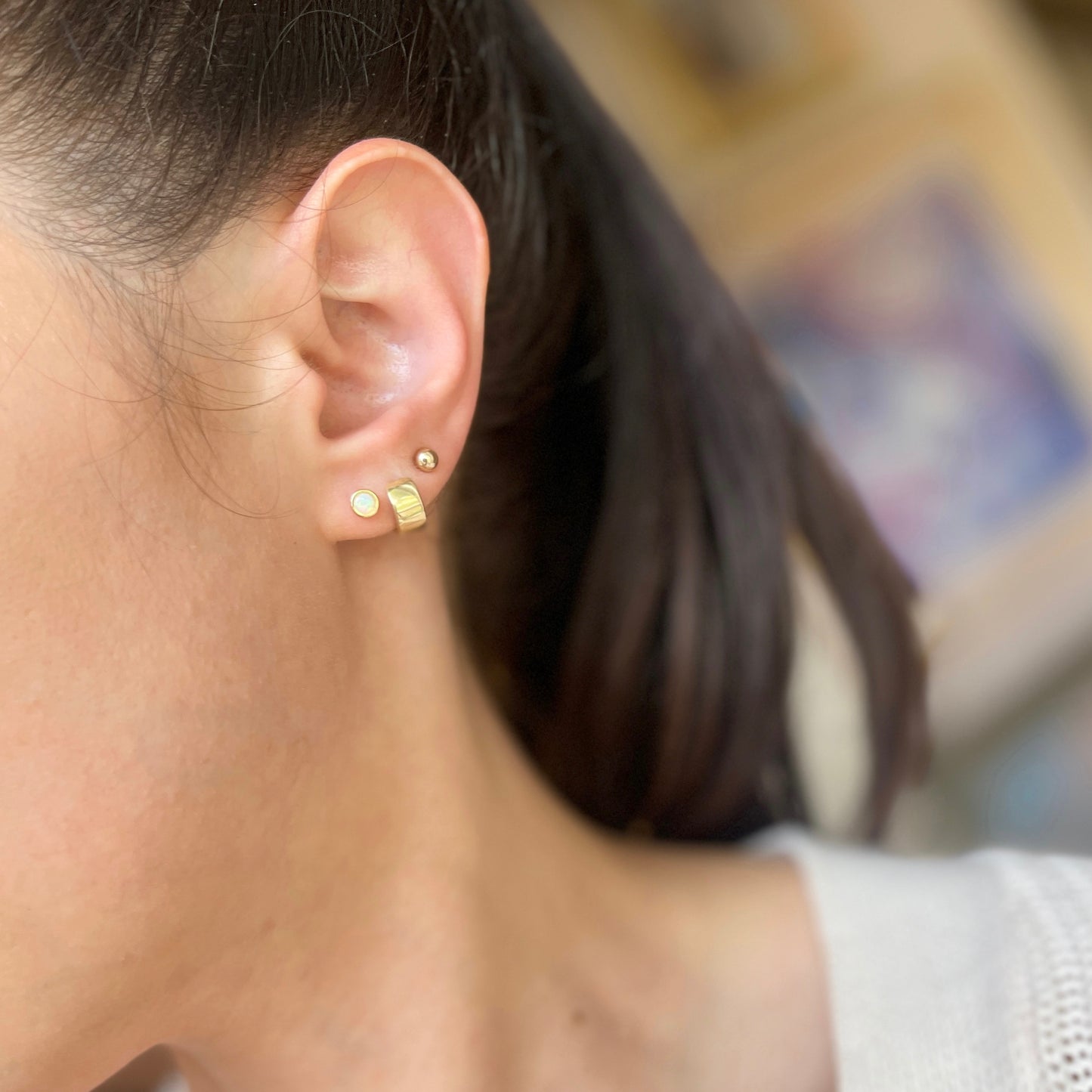 14KT Yellow Gold Mini Bezel Lab Opal Stud Earrings