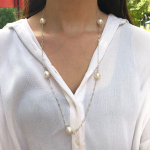 Sterling Silver Paspaley South Sea Pearl Station Chain Necklace 28" - Legacy Saint Jewelry