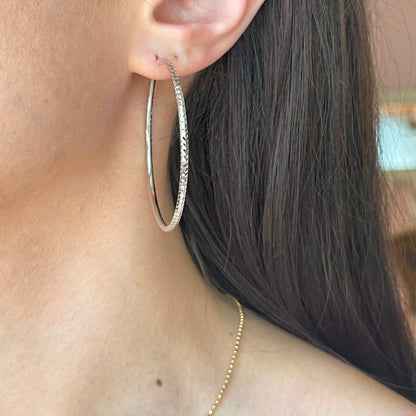 14KT White Gold Diamond-Cut 2mm Tube Hoop Earrings 50mm