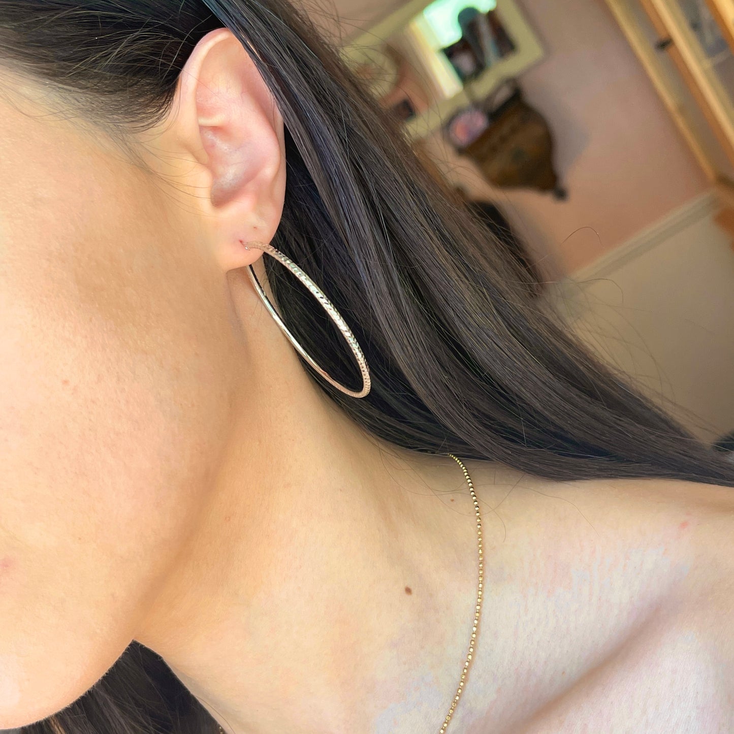 14KT White Gold Diamond-Cut 2mm Tube Hoop Earrings 50mm