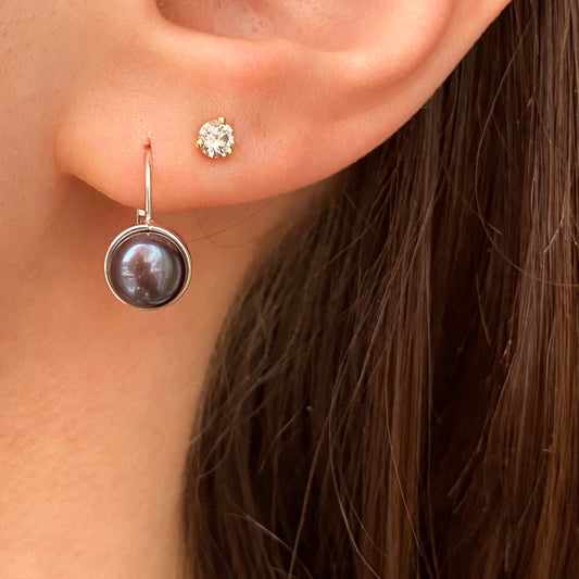 14KT White Gold + Gray Freshwater Pearl Lever Back Drop Earrings - Legacy Saint Jewelry