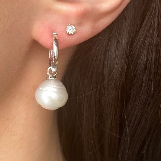 Sterling Silver Hoop with Paspaley Pearl Charm Earrings, Sterling Silver Hoop with Paspaley Pearl Charm Earrings - Legacy Saint Jewelry