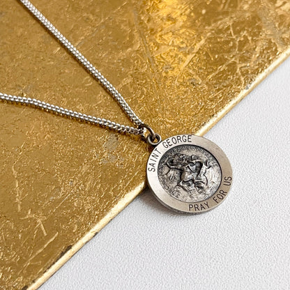 Sterling Silver Antiqued St George Medal Pendant Necklace