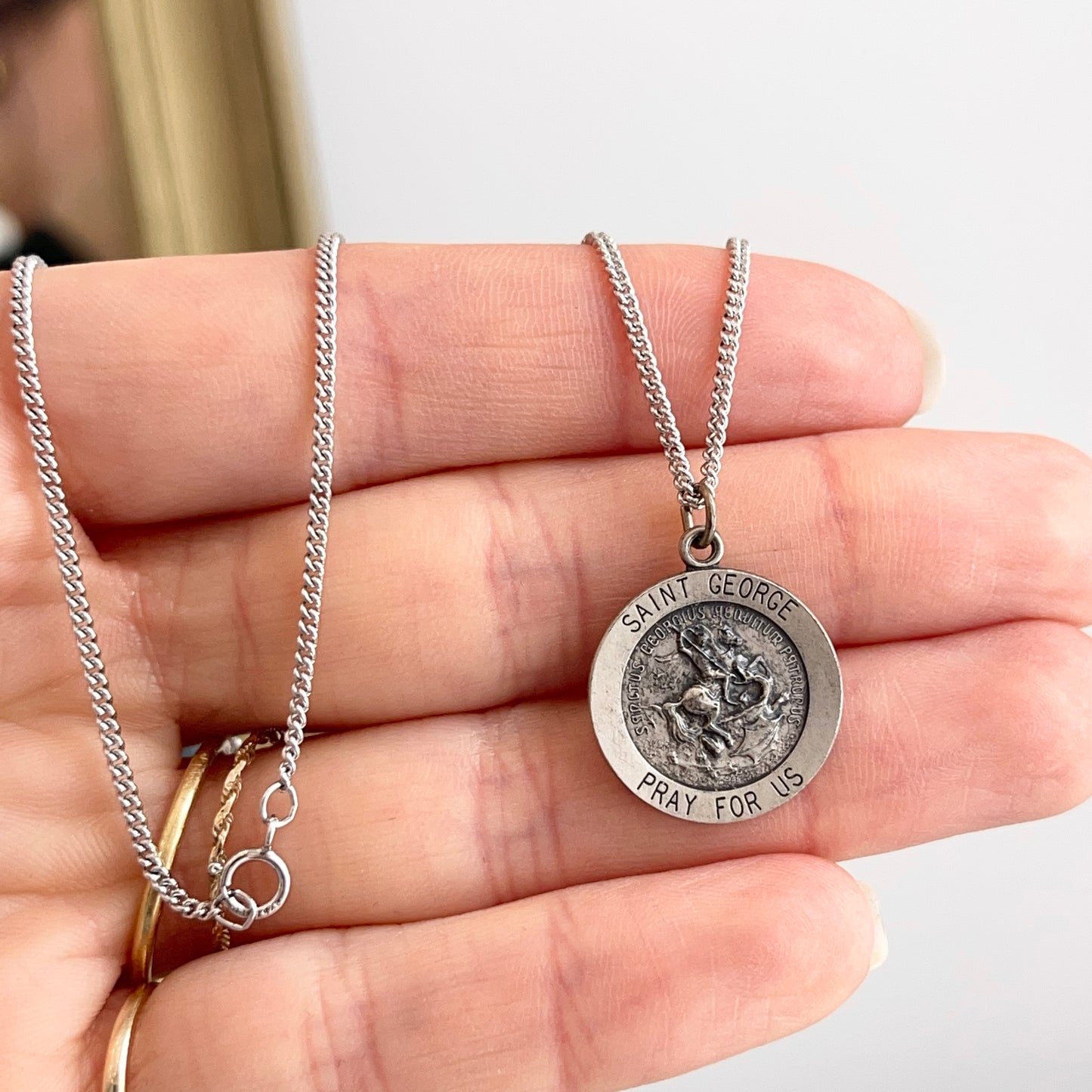 Sterling Silver Antiqued St George Medal Pendant Necklace