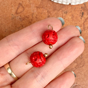 Estate 14KT Yellow Gold Red Carved Cinnabar Ball Earring Charms