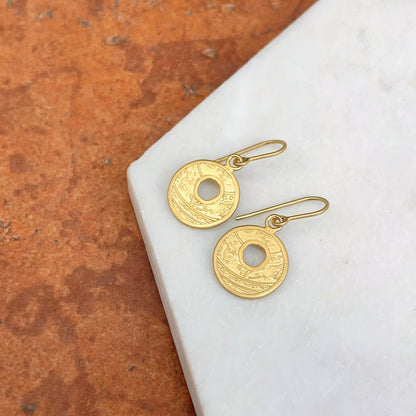 14KT Yellow Gold Matte Coin Design Round Dangle Earrings