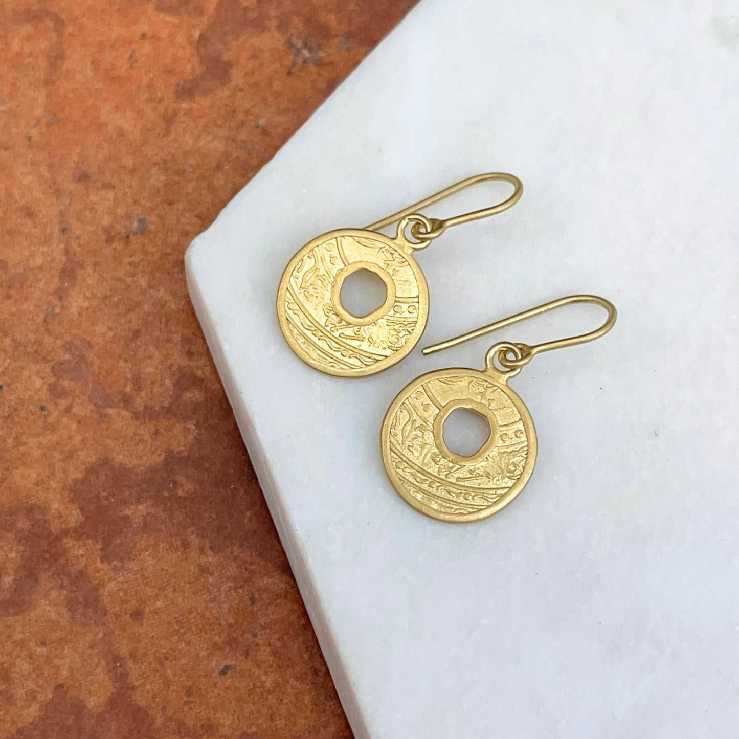 14KT Yellow Gold Matte Coin Design Round Dangle Earrings