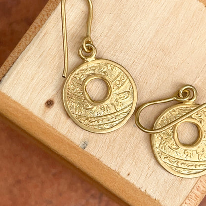 14KT Yellow Gold Matte Coin Design Round Dangle Earrings