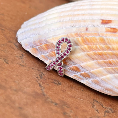 14KT White Gold Pave Pink Sapphire Breast Cancer Awareness Ribbon Mini Pendant Slide