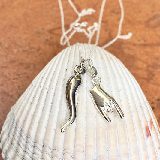 Sterling Silver Mano Cornuto + Italian Horn Pendants Chain Necklace