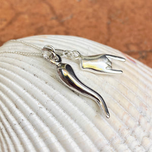 Sterling Silver Mano Cornuto + Italian Horn Pendants Chain Necklace