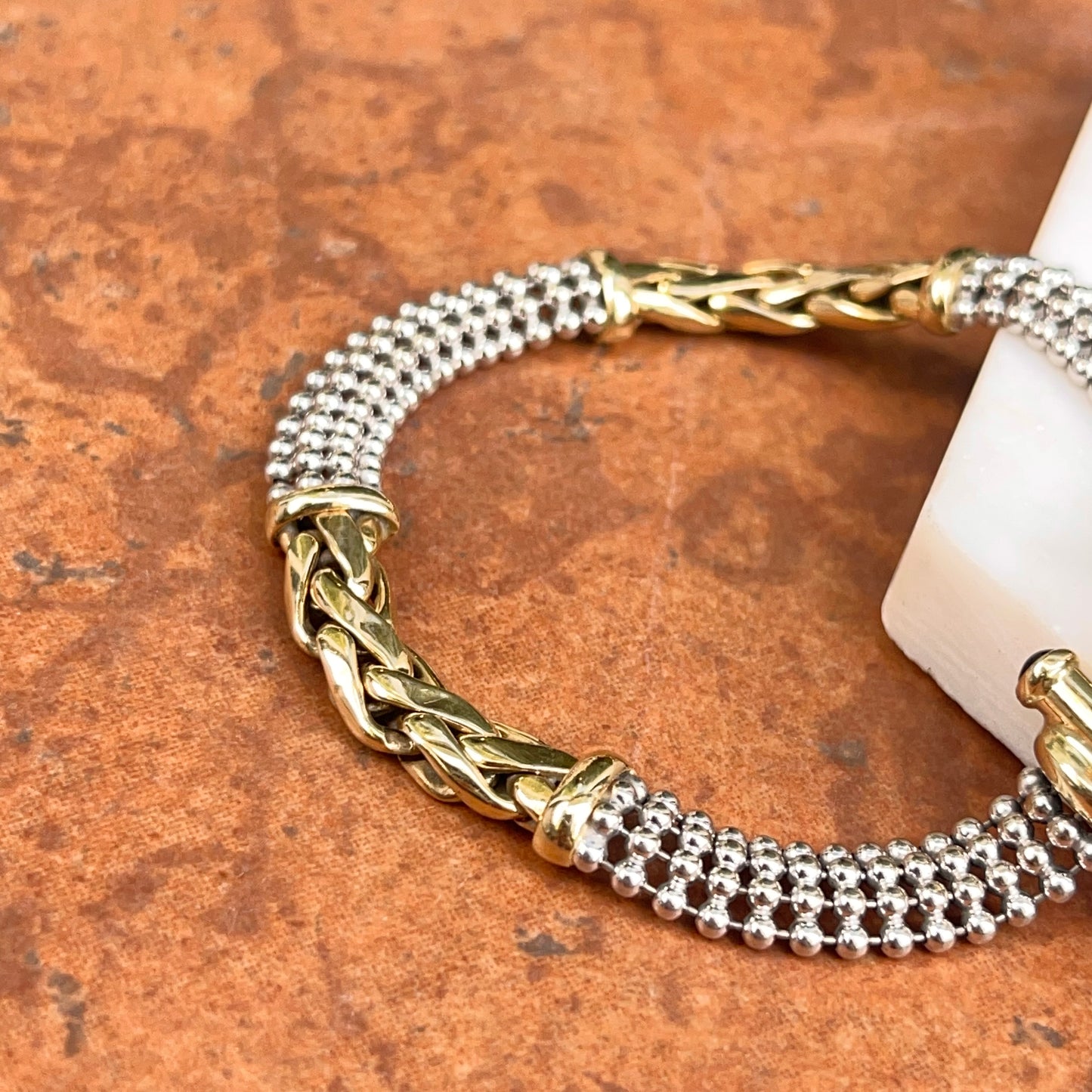 Estate 14KT White Gold + Yellow Gold Wheat + Beaded Chain Onyx Bracelet