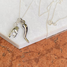 Load image into Gallery viewer, Sterling Silver Mano Cornuto + Italian Horn Pendants Chain Necklace