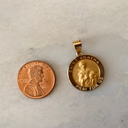 14KT Yellow Gold Saint Agatha Round Medal Pendant Charm, 14KT Yellow Gold Saint Agatha Round Medal Pendant Charm - Legacy Saint Jewelry