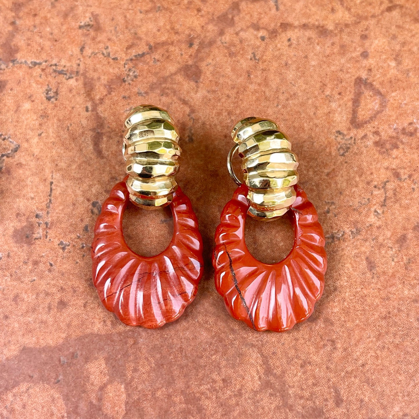 Estate Fluted Oblong Red Jasper Oval Donut Earring Charms
