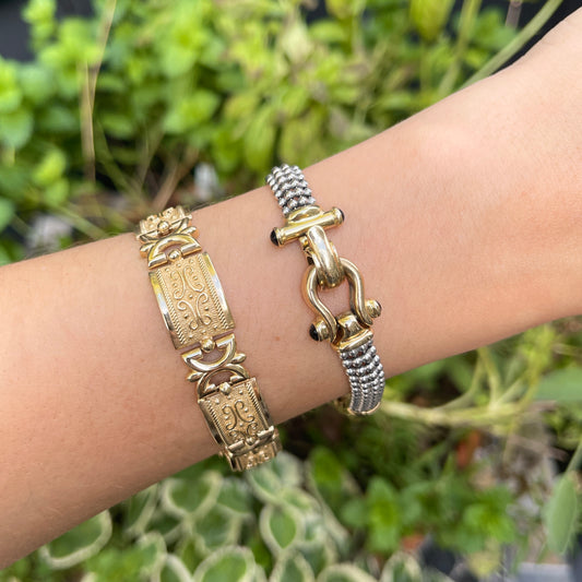 Estate 14KT Yellow Gold Rectangle Byzantine Textured Link Bracelet - LSJ