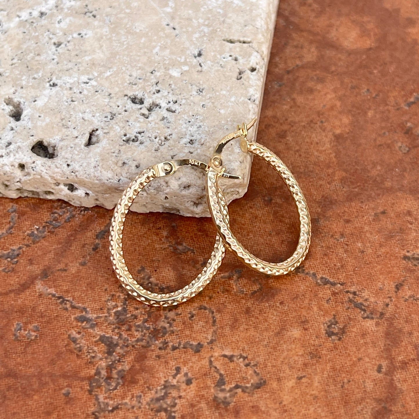 10KT Yellow Gold Diamond-Cut Tube Oval Hoop Earrings 26mm