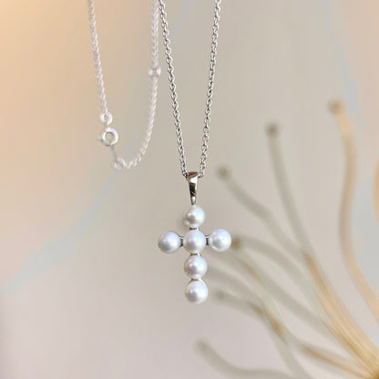 14KT White Gold Freshwater White Pearl Cross Necklace