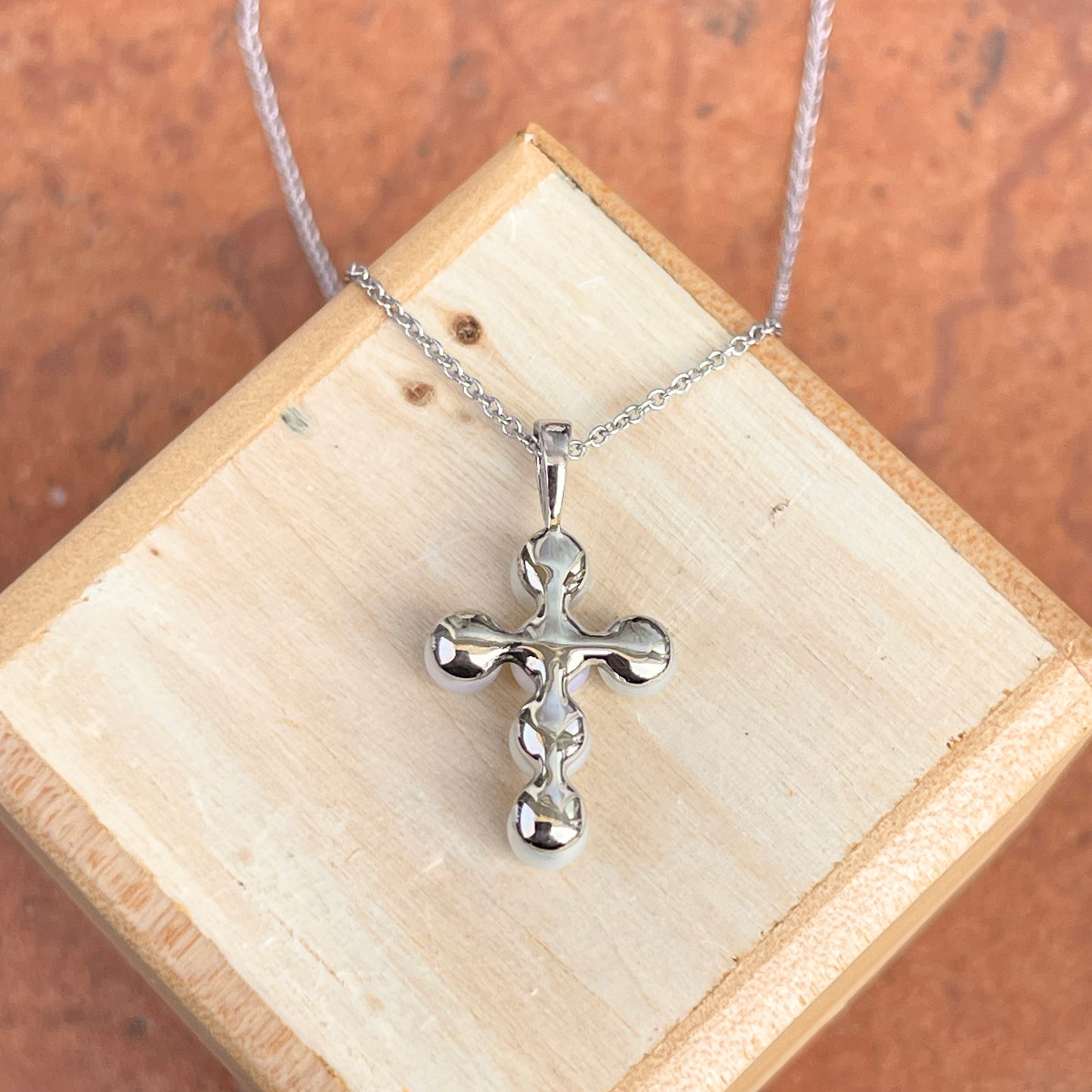 14KT White Gold Freshwater White Pearl Cross Necklace