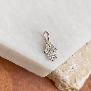 14KT White Gold Pave Diamond  "Hand of Fatima" Hamsa Mini Pendant Charm - Legacy Saint Jewelry