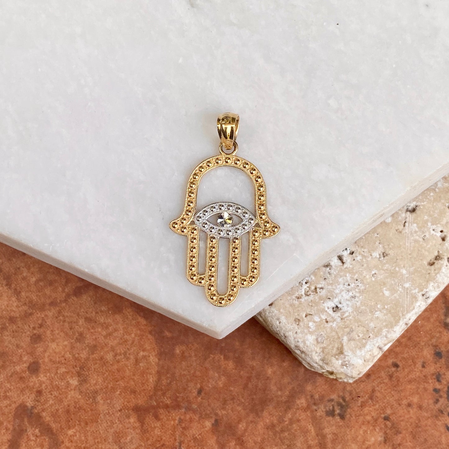 14KT Yellow Gold Two-Tone"Hand of Fatima"  Hamsa Chamseh Evil Eye Pendant - Legacy Saint Jewelry