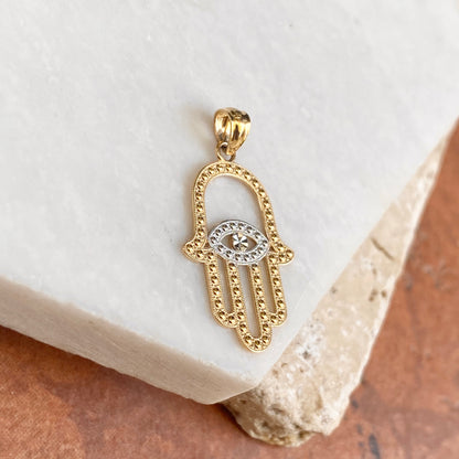 14KT Yellow Gold Two-Tone"Hand of Fatima"  Hamsa Chamseh Evil Eye Pendant - Legacy Saint Jewelry