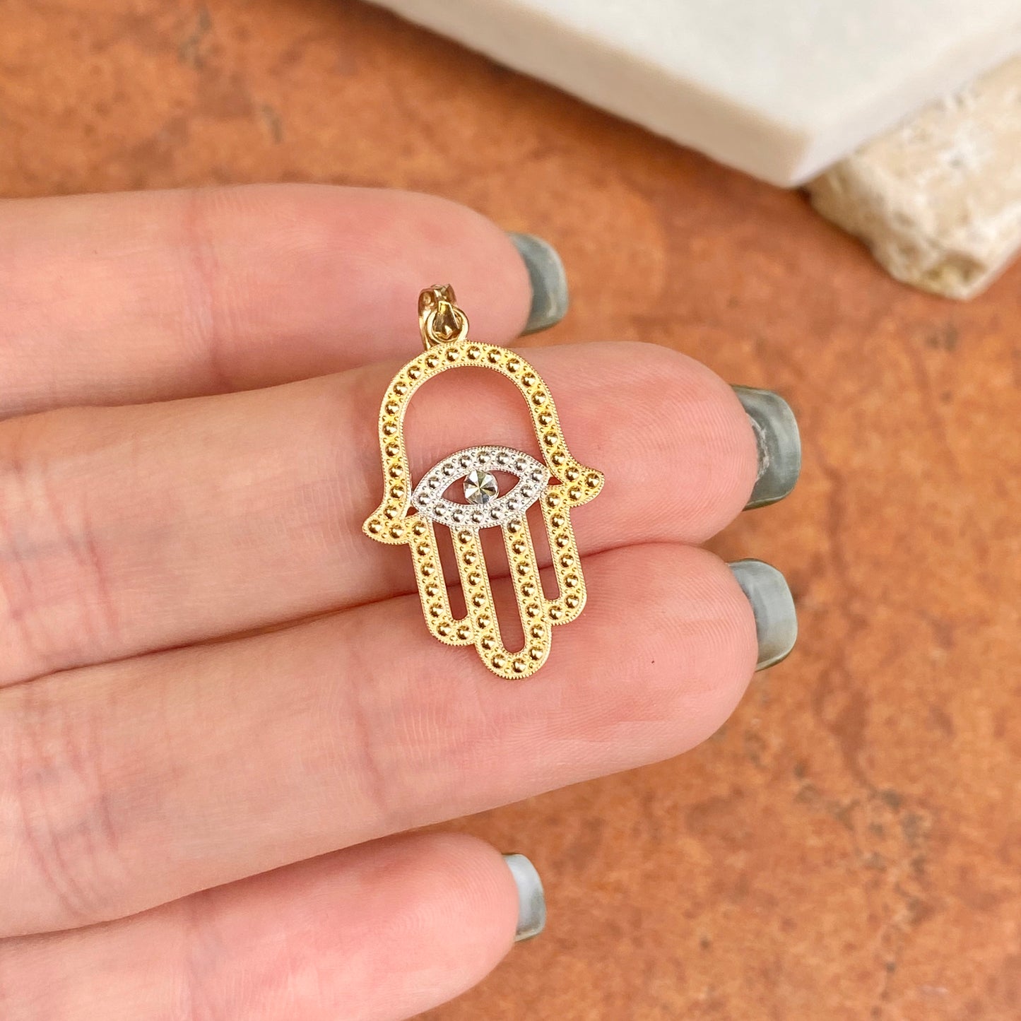 14KT Yellow Gold Two-Tone"Hand of Fatima"  Hamsa Chamseh Evil Eye Pendant - Legacy Saint Jewelry