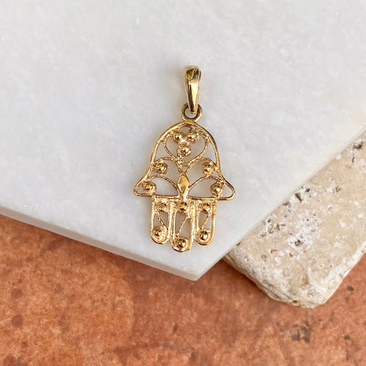 14KT Yellow Gold Beaded Filigree "Hand of Fatima" Hamsa Chamseh Pendant