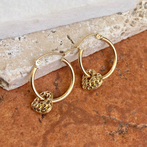 14KT Yellow Gold Diamond-Cut Weave Heart Charm Hoop Earrings