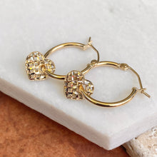 Load image into Gallery viewer, 14KT Yellow Gold Diamond-Cut Weave Heart Charm Hoop Earrings